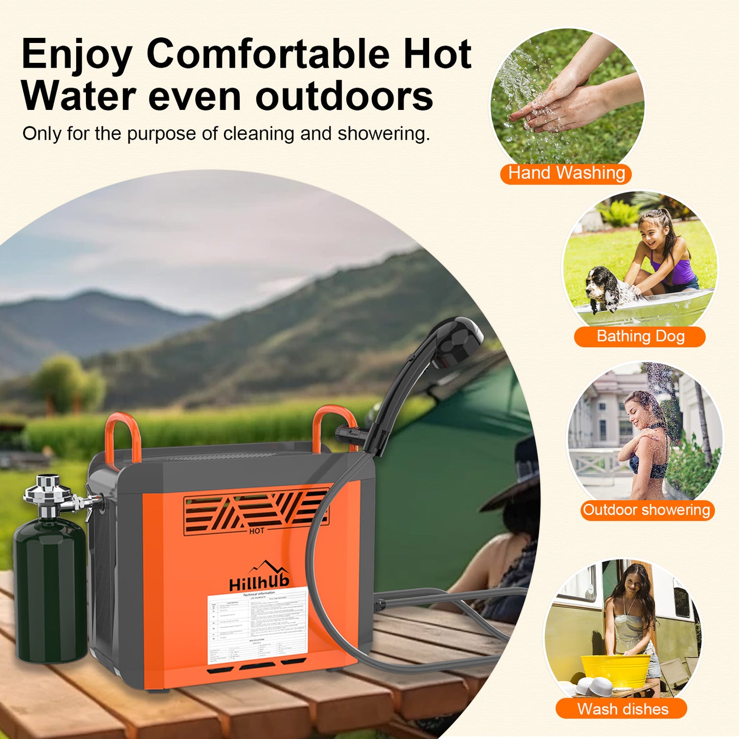 Hillhub Portable Propane Water Heater with Water Pump&Showerhead,Instant Hot Water Heater with Built-in battery for Showering&Cleaning,Outdoor Use Only,Camping Water Heater with Overheating Protection…